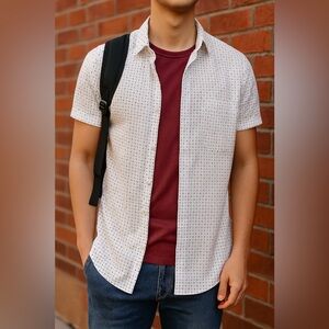 Diamond Pattern White Mens Button Down Shirt - Size M